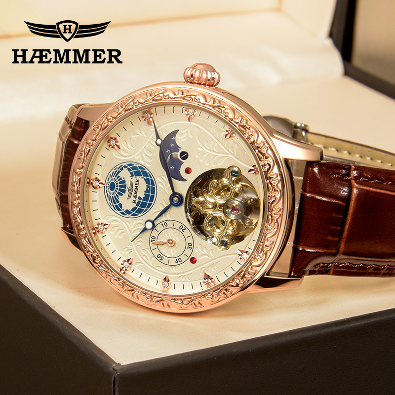 Đồng hồ cơ nam tự động tourbillon lộ máy, vỏ hồng trắng dây da cà phê — Vỏ hồng trắng da cà phê