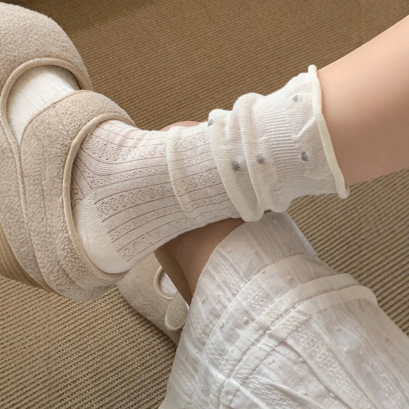 Ballet Style Pile Socks for Women Summer Thin Polka Dot Mid-Calf Socks Mesh Breathable Summer Curled Hollow Gray Stockings Ballet Style Pile Socks for Women Summer Thin Polka Dot Mid-Calf Socks Mesh Breathable Summer Curled Hollow Gray Stockings