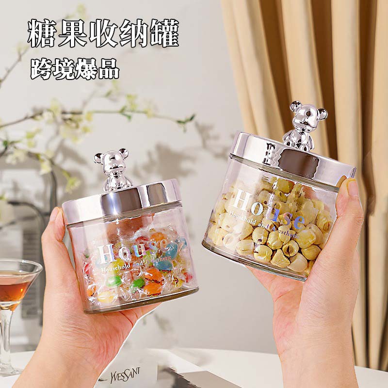 Tarro de dulces de frutas secas, hisopo de algodón creativo, frasco de vidrio de almacenamiento de oso de lujo ligero, frasco de bocadillos para el hogar, tanque de almacenamiento de té