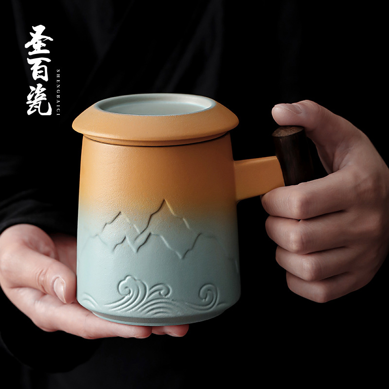 BB4C批發山河陶瓷過濾泡茶杯茶水分離辦公茶杯馬克杯帶蓋個人