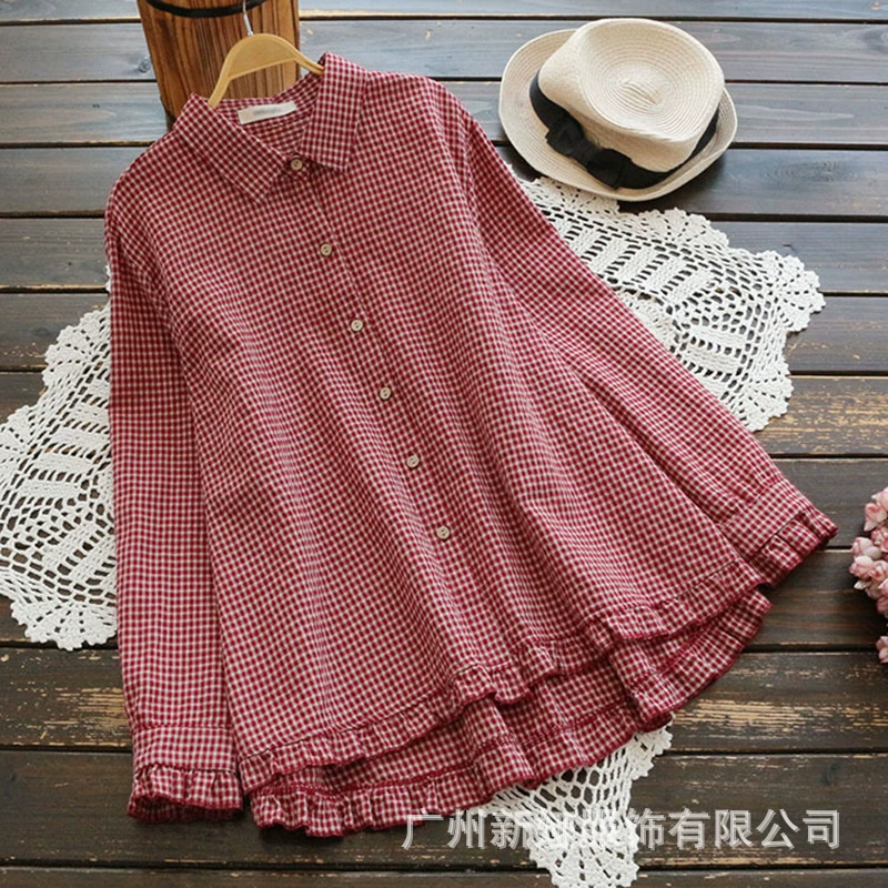 2022 Новая Осенняя женская одежда больших размеров в японском стиле, хлопковая льняная клетчатая рубашка с лацканами и рюшами, рубашка, Топ