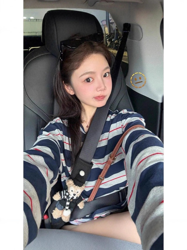 【工厂现货】条纹防晒罩衫长袖T恤女秋季宽松薄款圆领休闲上衣|undefined