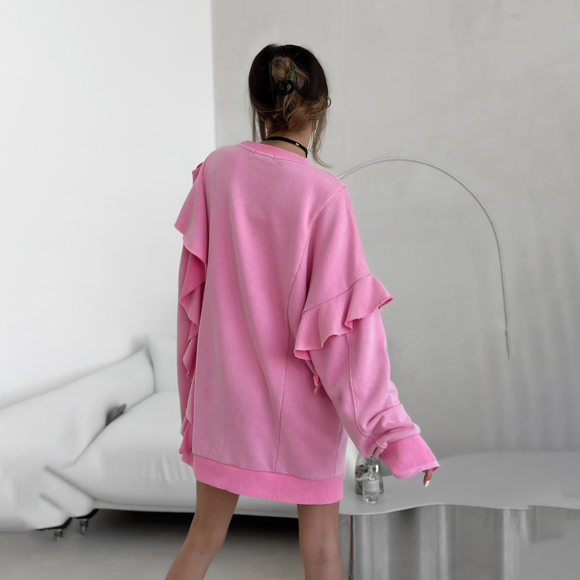 Street round Neck Mid Length Loose Lotus Leaf Sweatshirt Women Summer Dopamine Printing Sweatshirt Top