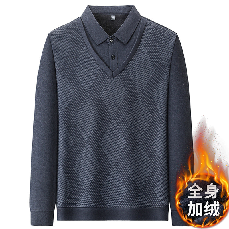 Autumn and Winter Dad's Fleece-Lined Thickened Knit Sweater, Faux Two-Piece Top for Middle-Aged Men, Warm Base Sweater