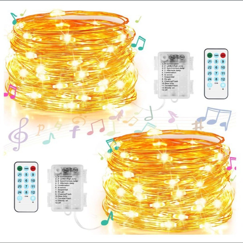 跨境亚马逊声控usb闪烁铜线灯串遥控防水电池盒音乐感应铜线灯