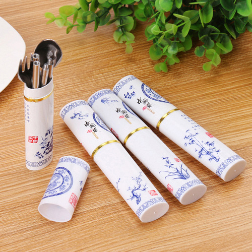 Stainless steel portable cutlery set of three, foldable Chinese-style pen holder tableware set, gift tableware with logo printed
