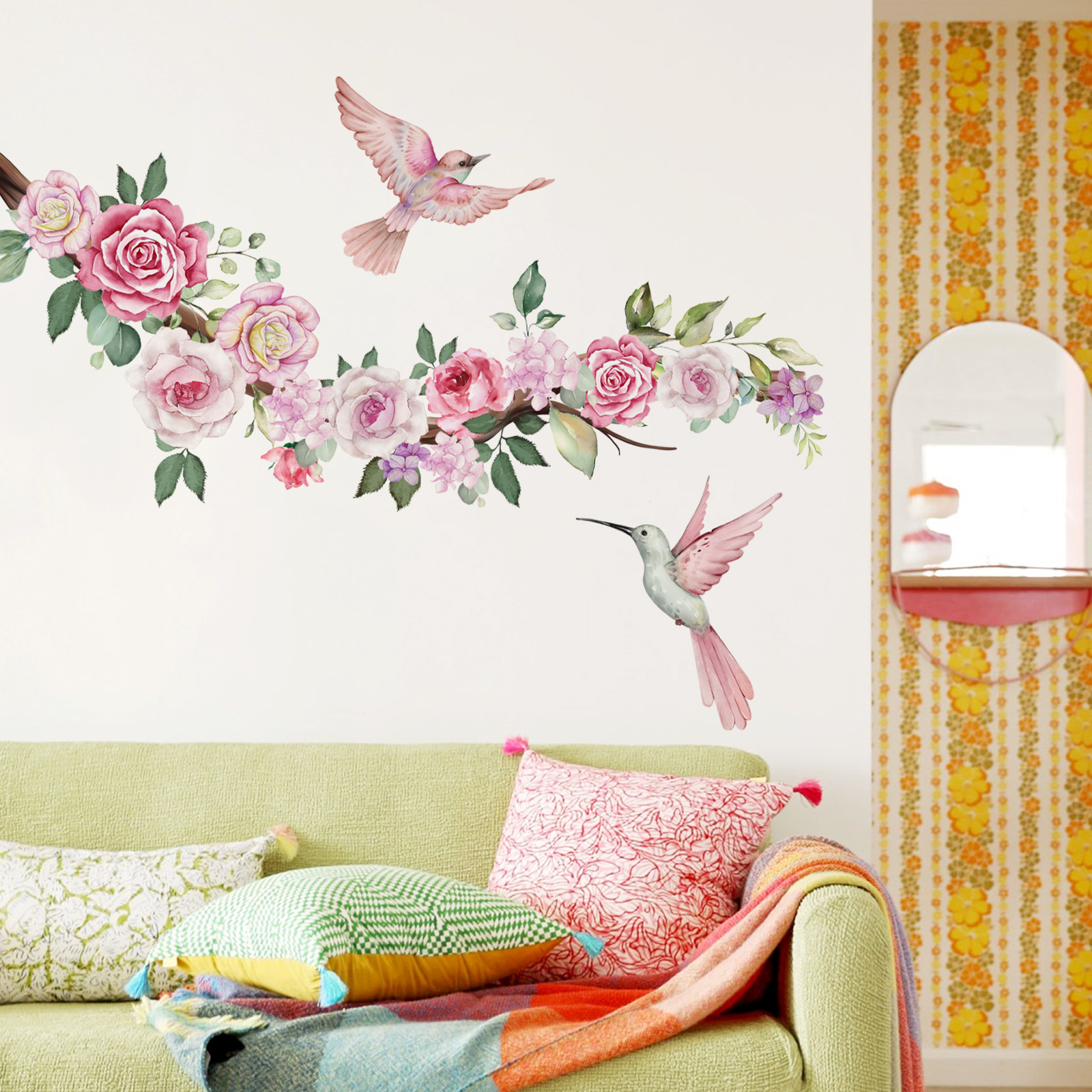 MS8565大号水彩风格粉色牡丹花卉粉色蜂鸟墙贴卧室背景墙装饰墙贴