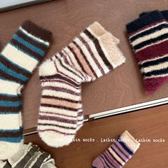 秋冬軟糯毛絨襪子水貂絨復古拼色條紋情侶中筒襪月子加厚小眾加絨