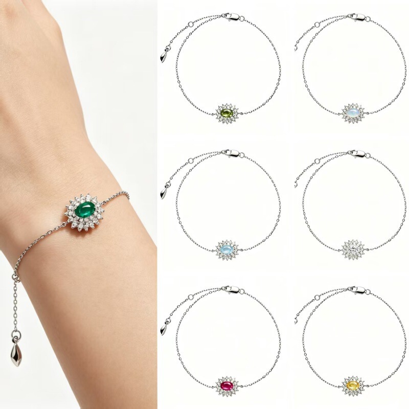 S925 Silver 12 Birthstone Bracelet with Natural Gemstones and Sunflower-Shaped Encrusted Fine Chain, Factory Wholesale S925 Silver 12 Birthstone Bracelet with Natural Gemstones and Sunflower-Shaped Encrusted Fine Chain, Factory Wholesale