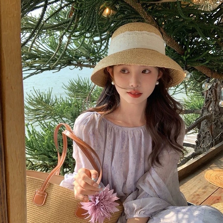 Hepburn Style Raffia Straw Hat For Beach Sun Protection Women_voghion.com