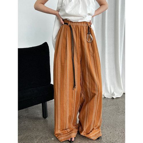 Women's Summer New Casual Loose Trousers with Belt, Relaxed Wide Leg, 1899, in Linen and Hemp Fabric with Stripe and Stretch Waist