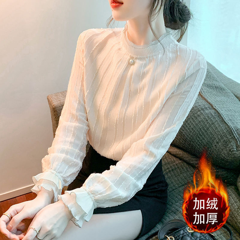 Half-High Collar Fleece-Lined Lace Base Shirt for Women, Autumn/Winter 2025 New Stylish and Youthful Long-Sleeve Top, Inner Layer Blouse