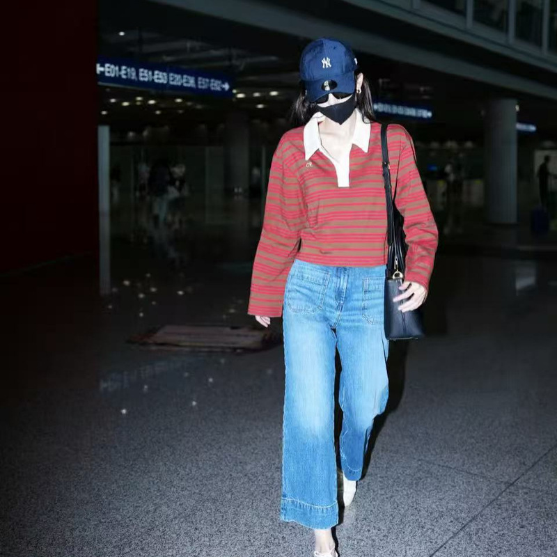 French Niche 2025 Autumn and Winter New Naza~ Retro Red Striped Turn-Down Collar College Style Long-Sleeve T-Shirt Top