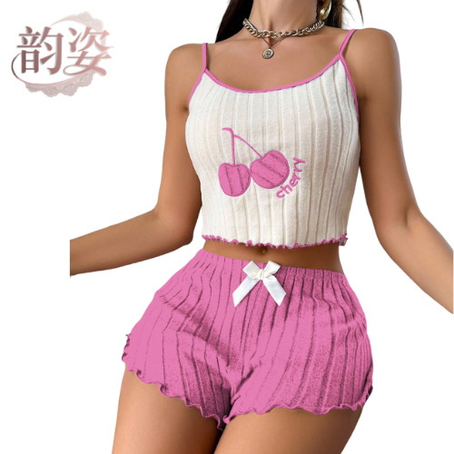 Cross-Border Popular Cherry Pajamas Women's Camisole Underwear Shorts Set Sexy Women's Loungewear Autumn and Winter Wholesale