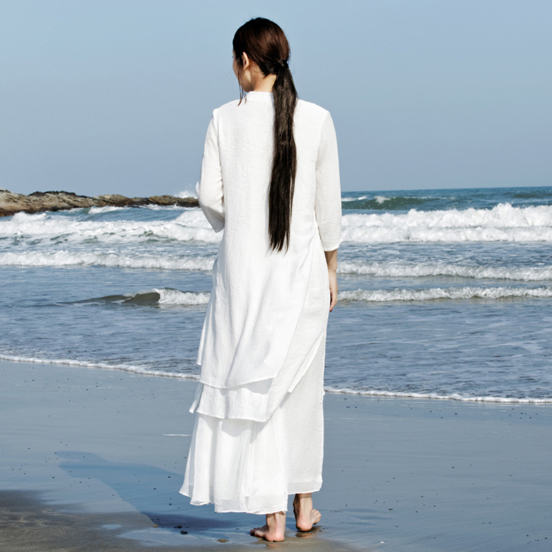 中式女装连衣裙棉麻双层长款禅服茶服会议工作服养生冥想居士打坐|undefined