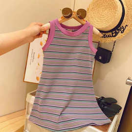 韩版洋气女童连衣裙2025夏装撞色包边三色条纹高弹修身公主背心裙