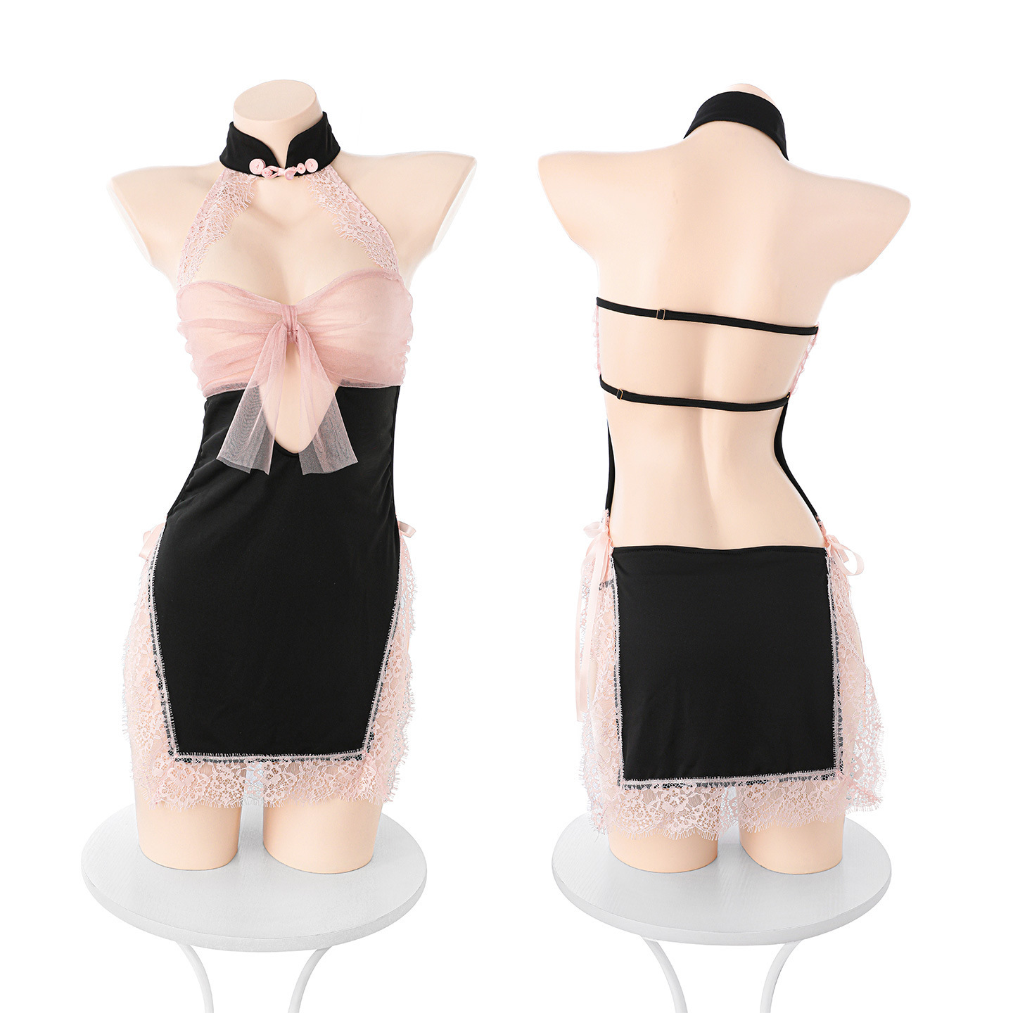 Vestido de Noche Cheongsam Transparente de Seda y Encaje para Mujer