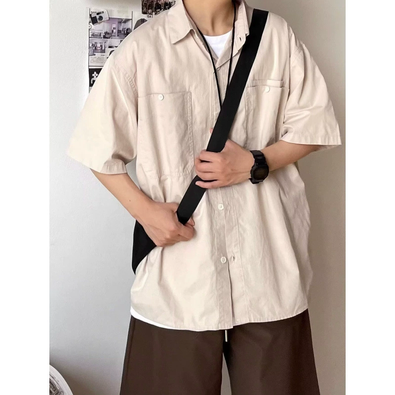 Летний костюм, японская ретро однотонная простая рубашка с короткими рукавами, унисекс, свободная повседневная универсальная рабочая рубашка, куртка