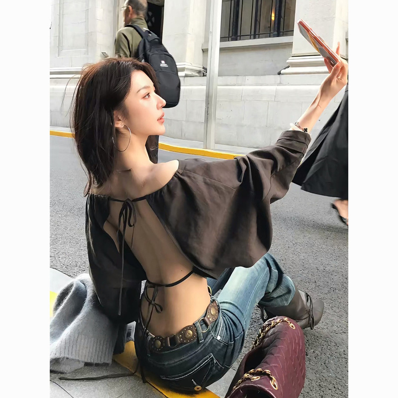 Long-Sleeved T-Shirt for Women, American Retro Style, Sexy Off-Shoulder Batwing Sleeves, Backless Tie Design, Fashionable Solid Color Short Top