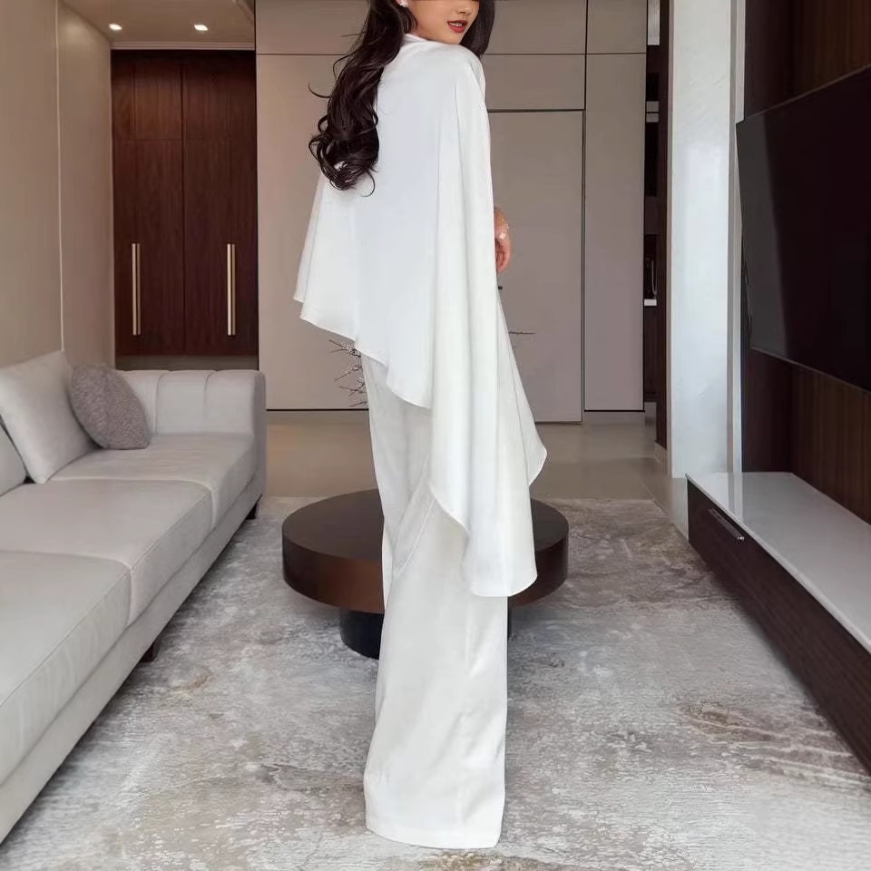 Women's Clothing Women's Fashion Satin Set With Designer Shawl Top And Wide Leg Pants Irregular Two Piece Ensemble_ecoleips.com