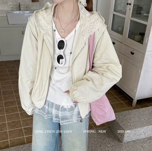 Lace patchwork cap sleeve women's thin jacket for 2025 spring and summer fashion, versatile and flattering sun protection top