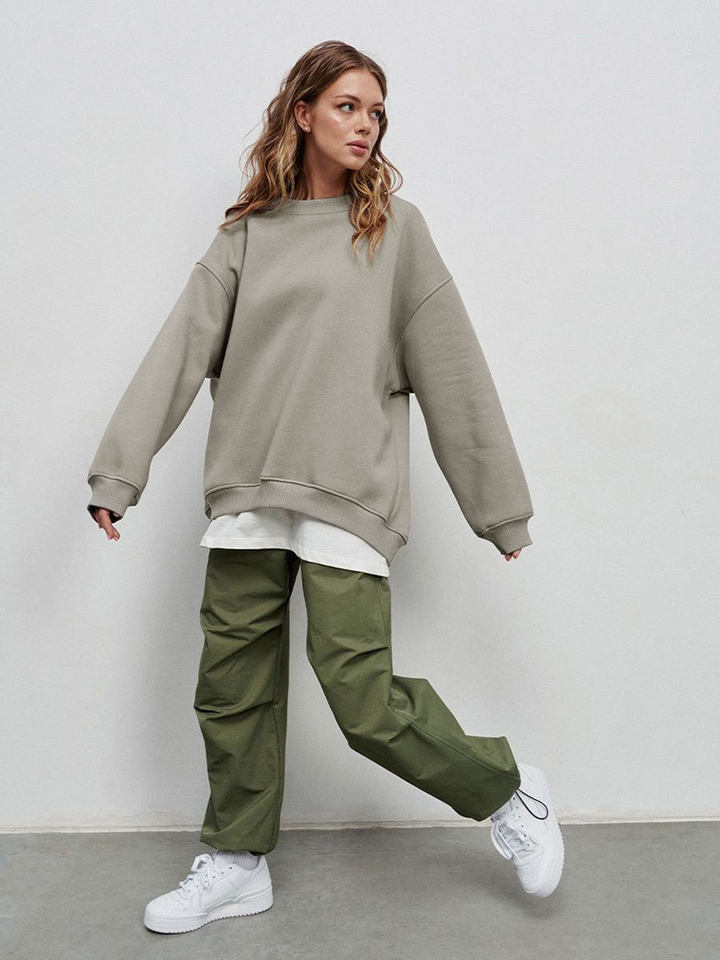 Áo sweatshirt nữ cổ tròn dáng rộng oversize tay dài chất liệu nỉ lông — Hoa màu xám, Màu cà phê, Màu trắng, Xanh navy chi tiết 37