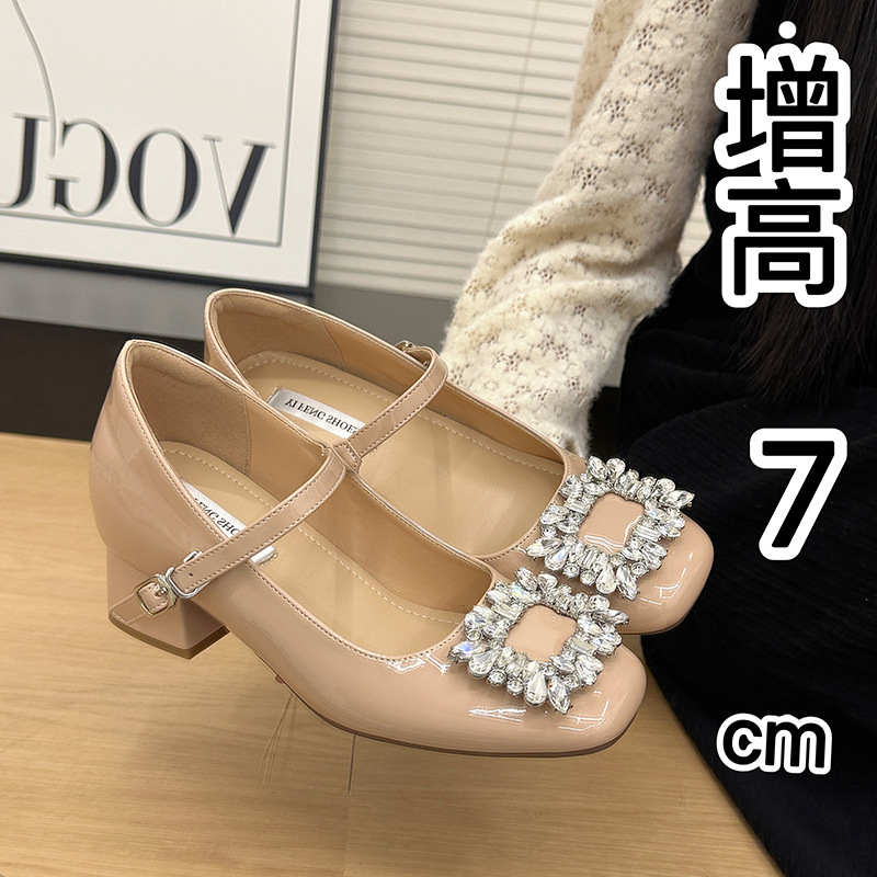 Thick Heel Increased 7cm French Mary Jane Shoes Women's 2025 Spring New Style Square Buckle Rhinestone Small High Heels