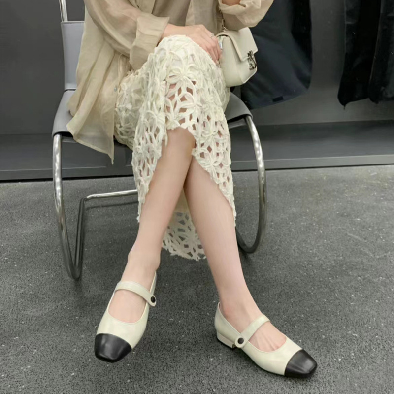 Uva mamá de una sola correa de punta redonda color a juego suave francés Mary Jane zapatos de una sola capa de hadas femeninos zapatos planos de corte bajo femenino