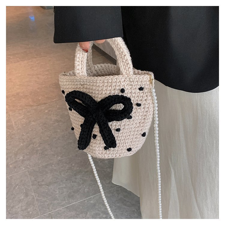 Women's Medium Cotton Polka Dots Bow Knot Cute Vintage Style Beading Open Bucket Bag display picture 13