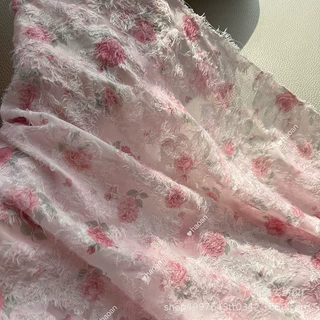 粉色玫瑰提花毛茸茸面料 春夏童装女装汉服数码印花定制布料外贸