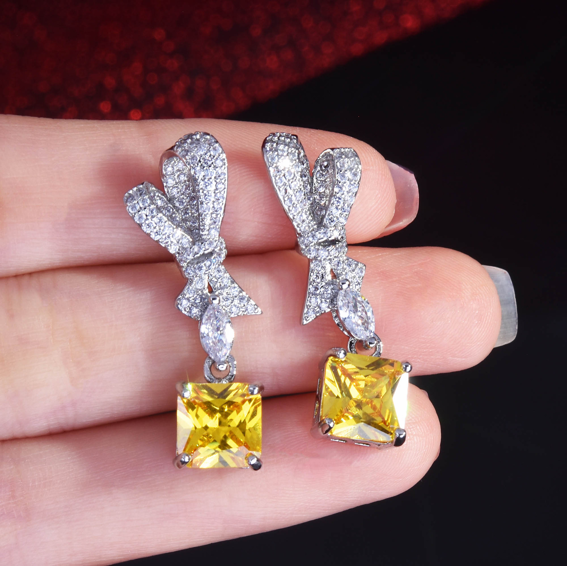 fashion pink yellow diamond pendant full diamond bow copper earrings