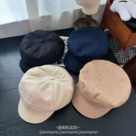春夏棉麻透气鸭舌帽男女休闲百搭八角帽英伦纯色复古平顶军帽子
