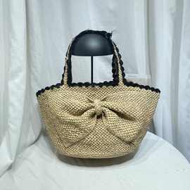 撞色蝴蝶结拉菲草手工编织包女夏度假旅行手提单肩包大容量托特包