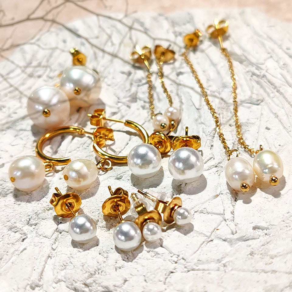 Pearl Inlay Material 1 Pair 14K Gold Plated Freshwater Pearl Titanium Steel Pearl Geometric Drop Earrings Ear Studs