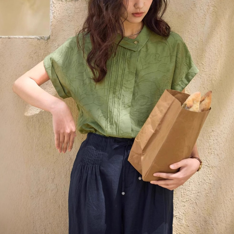 French Retro Linen Jacquard Asymmetrical Lapel Shirt Women's Summer New Shirt