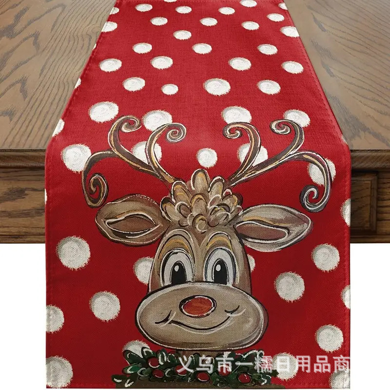 国境を越えて人気のクリスマステーブル旗サンタクロースヘラジカ雪だるま亜麻プリント客間茶卓装飾品|undefined