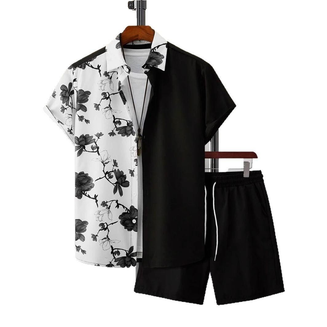 Ink Flower Colisions 3D Impresión digital Cross-border Xiyin Venta caliente Camisa de verano Pantalones cortos Conjunto Vacaciones en la playa