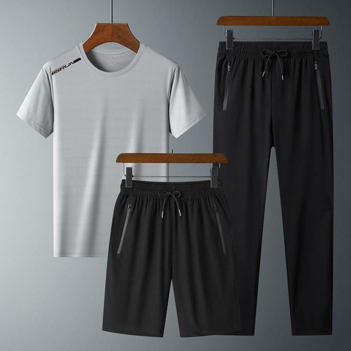 Ropa de verano de secado rápido traje de manga corta deportiva para hombres talla grande Camiseta de seda de hielo pantalones de estudiante traje de tres piezas