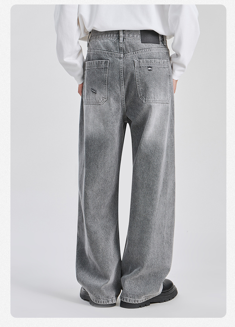 Men's High Street Jeans Trendy Sophisticated Loose Straight Leg Washed Distressed Ripped Long Pants Midweight Cotton_mkmklike.com