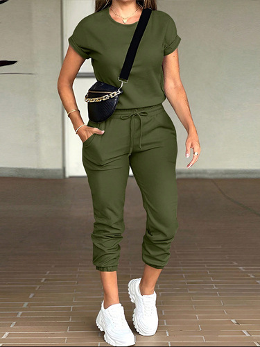 Fashion casual women's solid color crew neck top and multi-pocket pants set, versatile
