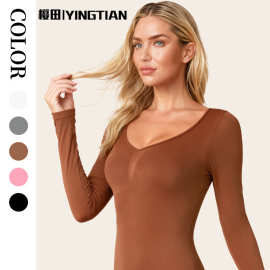 欧美外贸连体衣纯色提臀打底衫休闲弹力基本款瑜伽服裸感紧身塑身