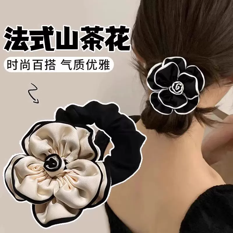 小香风时尚褶皱山茶花大肠发圈女黑色花朵高级感发圈百搭发饰批发
