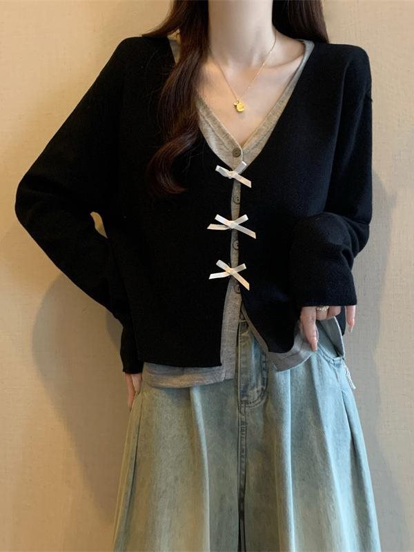 领蝴蝶结长袖针织衫女2025秋装大码胖撞色假两件正肩短款上衣