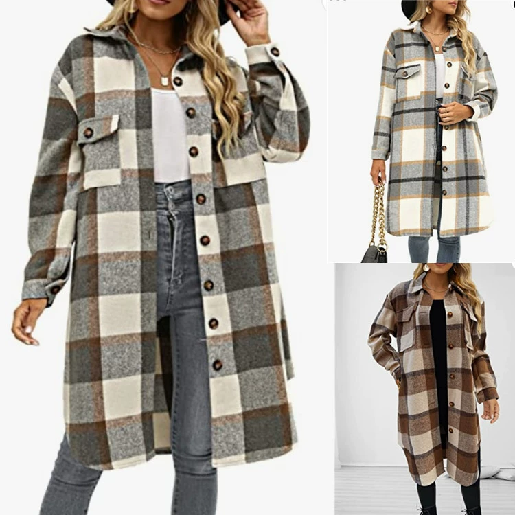 Европейские и американские взрывы 2022 Amazon Зимняя Новая Женская модная клетчатая шлифовальная длинная куртка в клетку