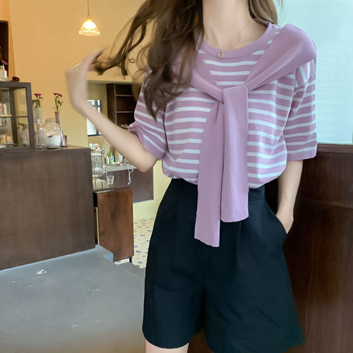 Internet celebrity fashion short-sleeved sweater for women summer  new fashion shawl fake two-piece T-shirt striped top