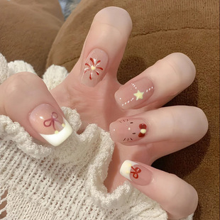 Cute Cat Sweet Cute French Gradient Fireworks Ins Style Nail Art Short 24 Pieces Wearable Nail Patch