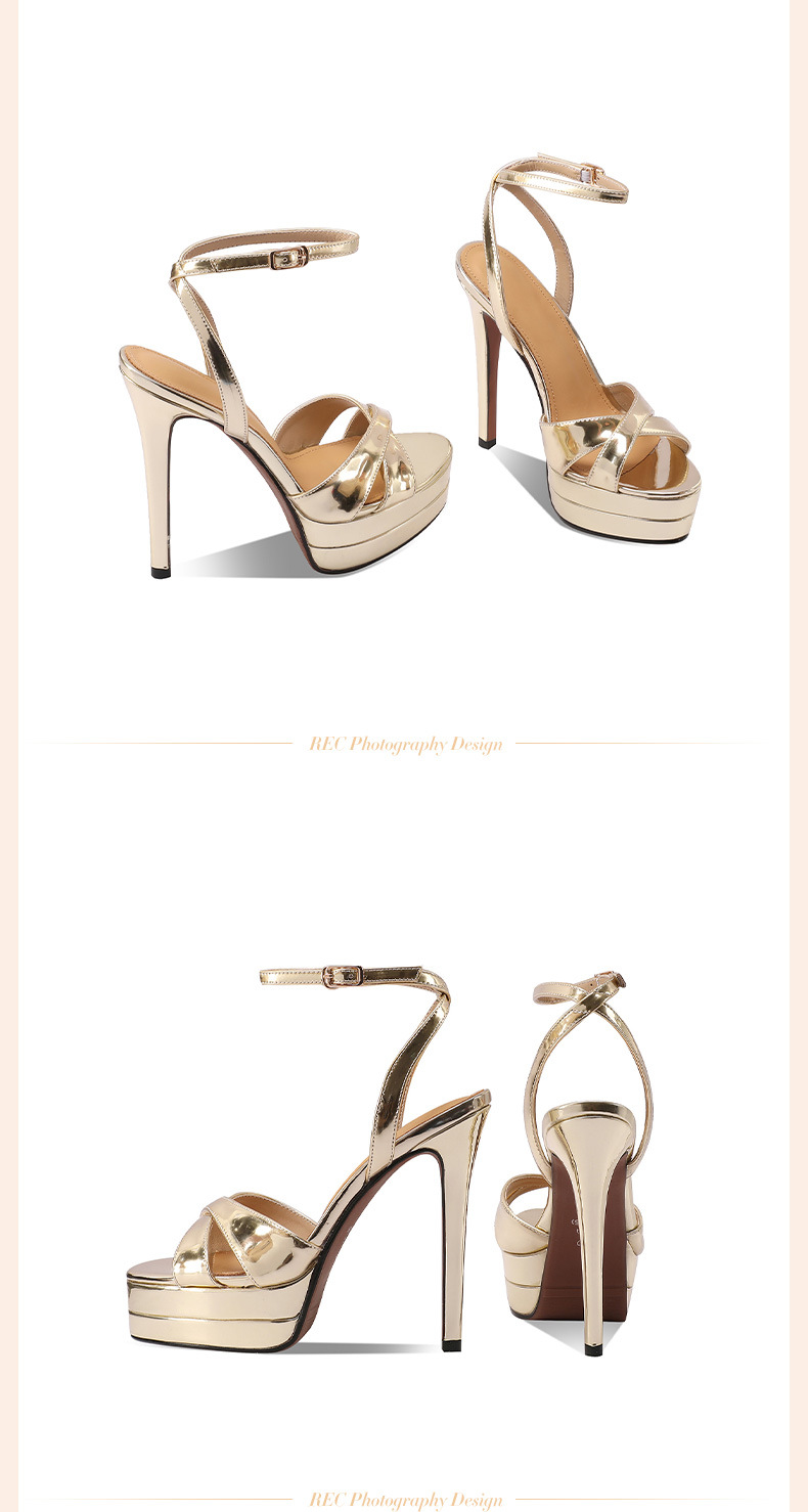 Sandal cao gót nữ hở mũi gót nhọn 12 cm đế platform 4 cm da thật — Màu vàng chi tiết 14