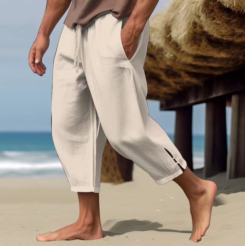 2024 men's elegant fashion buckle cuff linen trousers ankle-length pants plus size men's casual sweatpants
