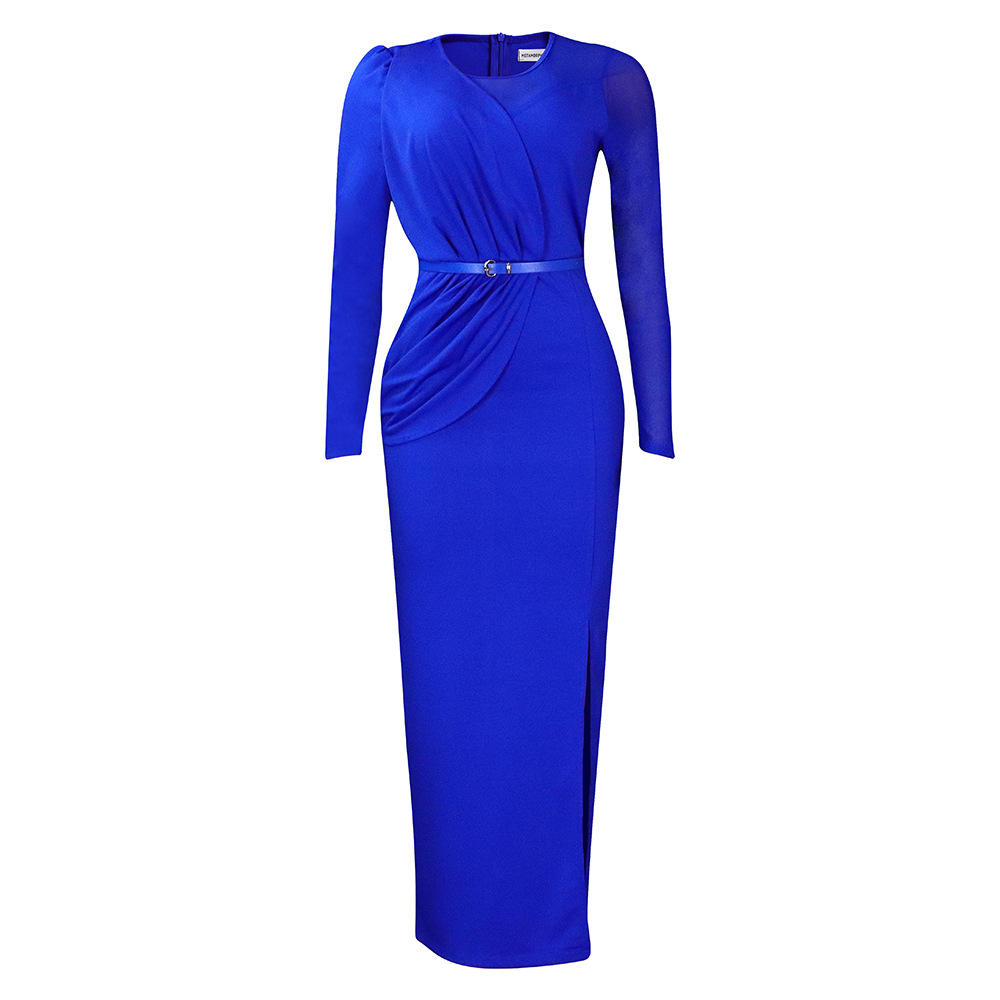 Damen Abendkleid Mit Langarm Und Mesh-einsatz Elegantes Festkleid_voghion.com