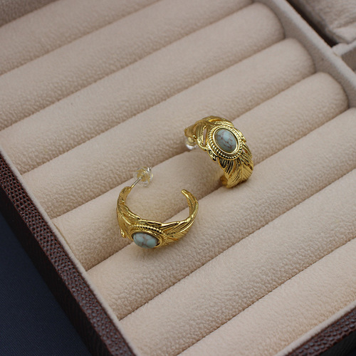 Qingdao Foreign Trade Jewelry Feather Turquoise Adjustable Ring C-shaped Earrings Copper Plated 18K Real Gold Niche European and American Style